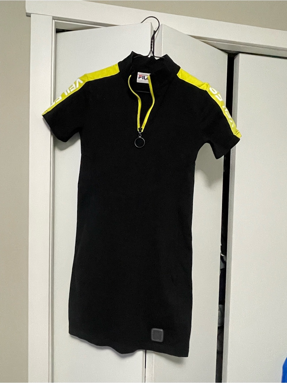 FILA Black Short-Sleeve Zip Front Sport Top with Yellow Accents